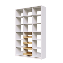 Four wood pull-out drawers in 54 inch white pantry shelving.