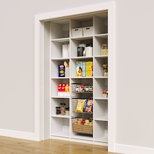 White 54 inch reach in pantry shelving for organized food storage.