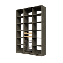Two wood pull-out drawers and two pull-out wire baskets featured in 57 inch grey pantry shelving.