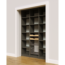 Pantry racks in grey with 57 inch width, two wood drawers, and two pull-out wire baskets.