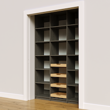 57 inch open pantry racks in grey with four sliding wood drawers.