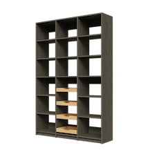 Four sliding wood shelves featured in 57 inch grey pantry shelving.