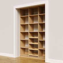 Four wood pull-out drawers in 57 inch natural oak pantry shelving.
