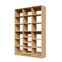 Four sliding wood shelves featured in 57 inch natural oak pantry shelving.