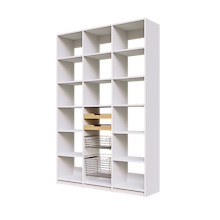 Two wood pull-out drawers and two pull-out wire baskets featured in 57 inch white pantry shelving.