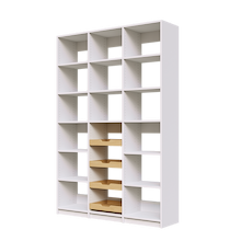 Four sliding wood shelves featured in 57 inch white pantry shelving.
