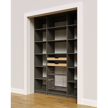 Two wood pull-out drawers and two pull-out wire baskets in 60 inch grey pantry racks.