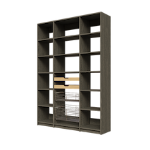 Two wood pull-out drawers and two pull-out wire baskets in 60 inch grey kitchen pantry shelving.