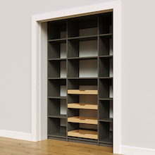 Four wood pull-out drawer storage in 60 inch grey pantry racks.