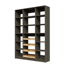 Four wood pull-out drawers in 60 inch grey kitchen pantry shelving.