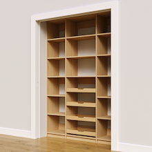 Four wood pull-out drawers in 60 inch natural oak pantry rack.
