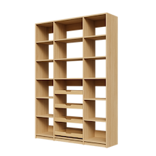 Four wood pull-out drawers in 60 inch natural oak kitchen pantry.