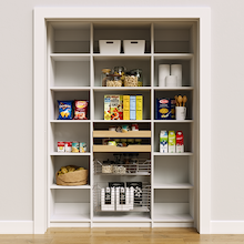 60 inch white pantry organization showing mixed drawer and basket storage with open shelving.