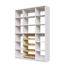 Tiered four wood pull-out drawers in a 60 inch white kitchen pantry.