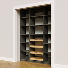 Grey 63 inch adjustable shelf layout and four wood pull-out drawers.