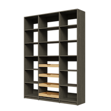 Four wood pull-out drawers in 63 inch grey kitchen pantry shelving.