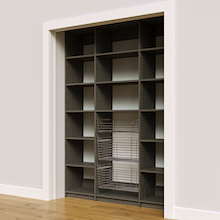 Adjustable shelf layout in 63 inch grey kitchen pantry storage.