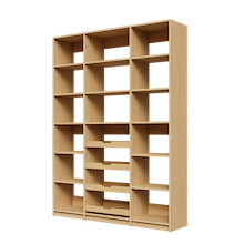 Four wood pull-out drawers in 63 inch natural oak pantry storage.