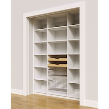63 inch white reach in pantry shelving with two wood pull-out drawers and two pull-out wire baskets.