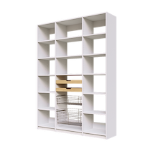 Two wood pull-out drawers and two pull-out wire baskets featured in white 63 inch pantry shelving.