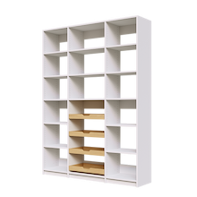 Four sliding wood drawers featured in white 63 inch pantry shelving.