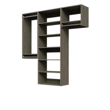 Grey 64.5-inch woodgrain Vista Total Closet Kit, empty, with a shelf tower, double hanging, and tall hanging