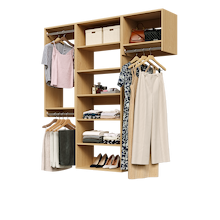 Natural oak 64.5-inch woodgrain Vista Total Closet Kit with a shelf tower, double hanging, and tall hanging