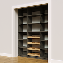 Four wood pull-out drawers in 66 inch grey kitchen pantry shelving.