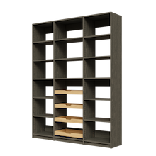 Four sliding wood drawers in 66 inch grey pantry shelving.