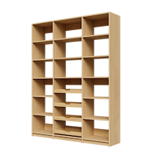 Four sliding wood drawers in 66 inch natural oak pantry shelving.
