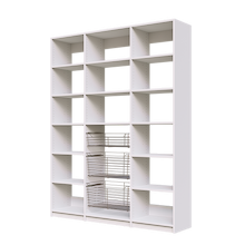 Canned food organization on 66 inch white pantry shelves with gliding baskets.