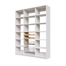 Canned food organization on 66 inch white pantry shelves with two wood drawers and two pull-out wire baskets.
