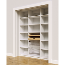 Two wood pull-out drawers and two pull-out wire baskets in a 66 inch white kitchen pantry.