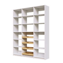 Canned food organization on 66 inch white pantry shelves with four sliding drawers.