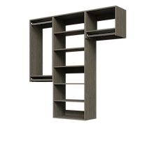 Grey 67.5-inch woodgrain Vista Total Closet Kit, empty, with a shelf tower, double hanging, and tall hanging