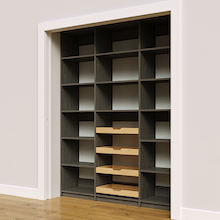 Four sliding wood shelves in 69 inch grey pantry shelving.