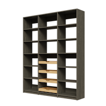 Four wood drawers featured in 69 inch grey kitchen pantry shelving.