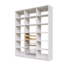 Two wood pull-out drawers and two pull-out wire baskets installed in 69 inch white pantry shelving.
