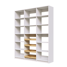 Four sliding wood shelves installed in 69 inch white kitchen pantry shelving.