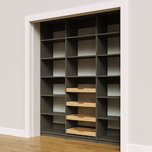 Wide view of 72 inch grey pantry storage with four wood pull-out drawers.