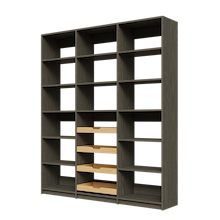 Four sliding wood shelves in 72 inch grey kitchen pantry shelving.