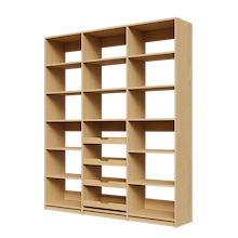 Four sliding wood shelves in 72 inch natural oak kitchen pantry.