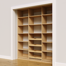 72 inch natural oak pantry storage with four wood drawers.