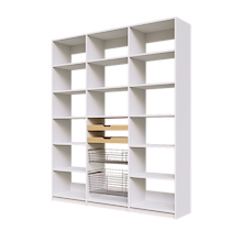 Two high-capacity wood pull-out drawers and two pull-out wire baskets in a 72 inch white kitchen pantry.