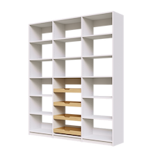 Four high capacity sliding wood shelves in a 72 inch white kitchen pantry.