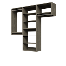 Grey 73.5-inch woodgrain Vista Total Closet Kit, empty, with a shelf tower, double hanging, and tall hanging