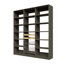 Two wood pull-out drawers and two pull-out wire baskets in a 75 inch grey reach in pantry.