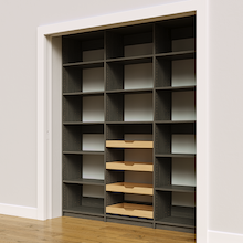 Adjustable storage layout with four wood pull-out drawers in a 75 inch grey pantry.