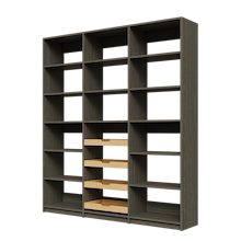 Four wood pull-out drawers in 75 inch grey reach in pantry.