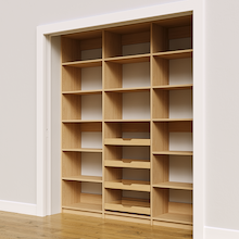 Adjustable storage layout  75 inch natural oak pantry shelving with four wood drawers.